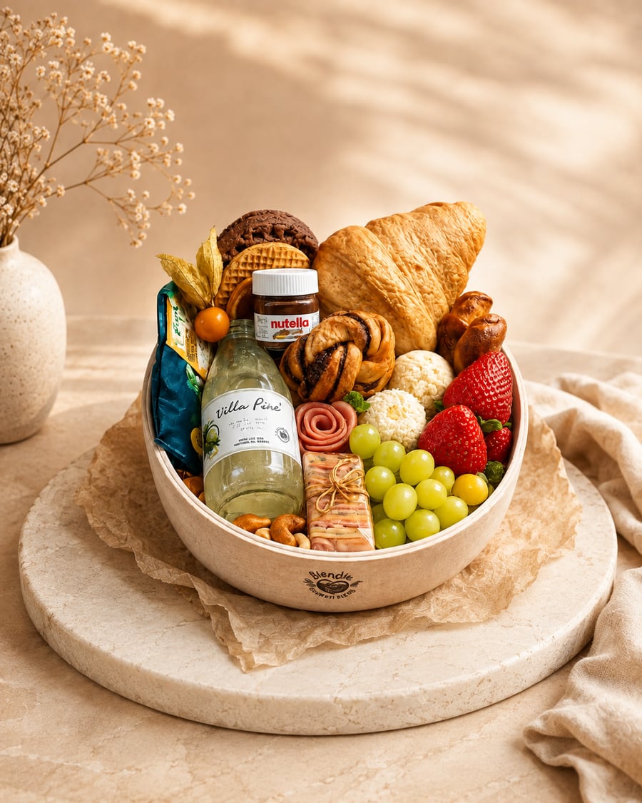 Cesta de café da manhã artesanal da Bendita Cesta VIP com croissant, pães doces, frutas frescas, queijos e suco natural